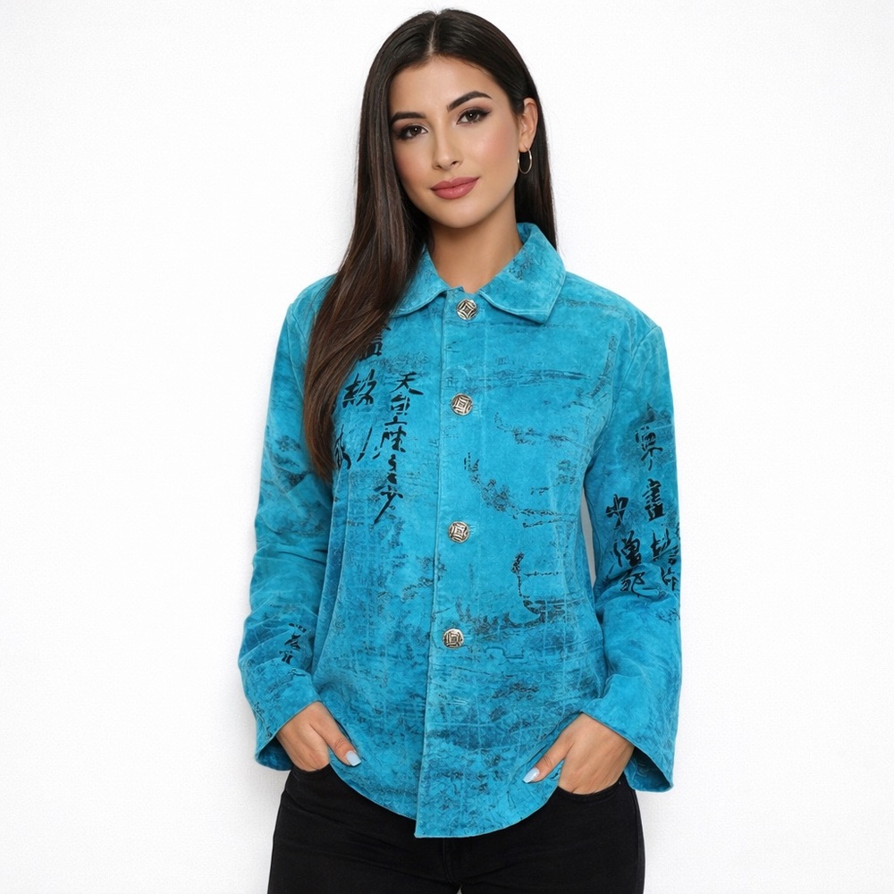 $249 VTG Chico's Women's 100% Suede Leather Turquoise Sz 1 US M Jacket Asian Art